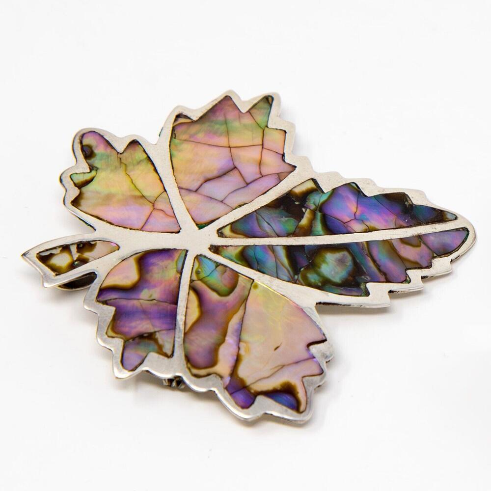 Vintage Sterling Silver Handmade Mexico Leaf Pin Brooch Pendant Abalone Inlay